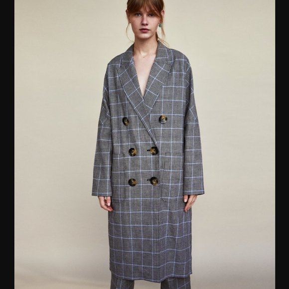 Zara Longline Check Houndstooth Plaid Double Breasted Coat NWT - Picture 2 of 6